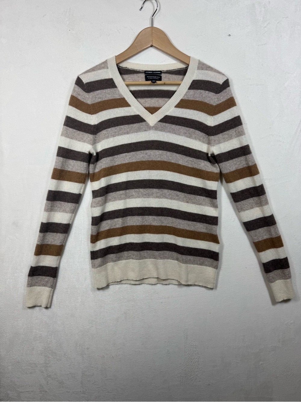 Hudson Bay Striped V-Neck Cashmere Sweater in Cream, Brown & Tan Medium